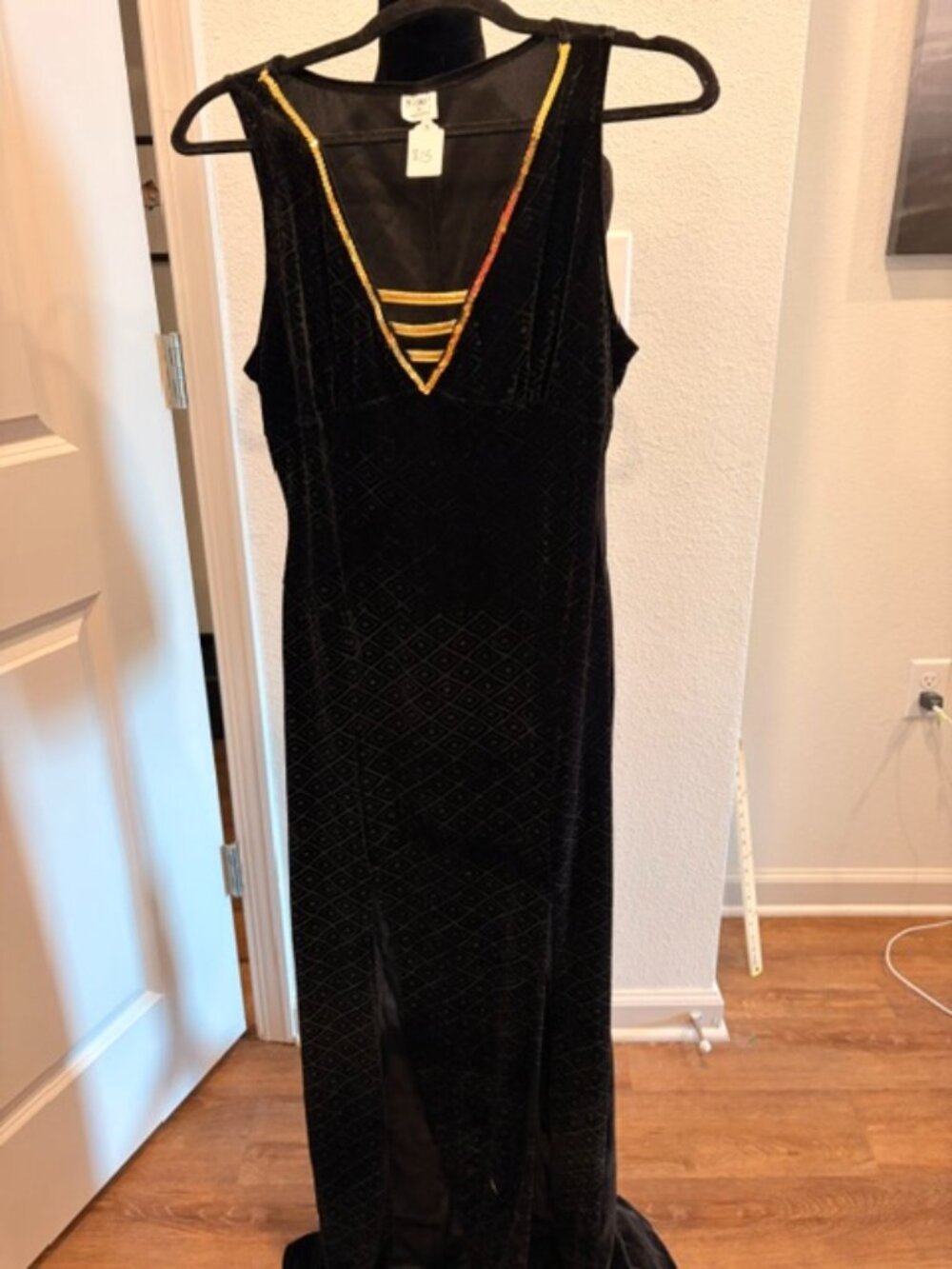 Women's Small long black velvet dress with gold sequins on v-neck